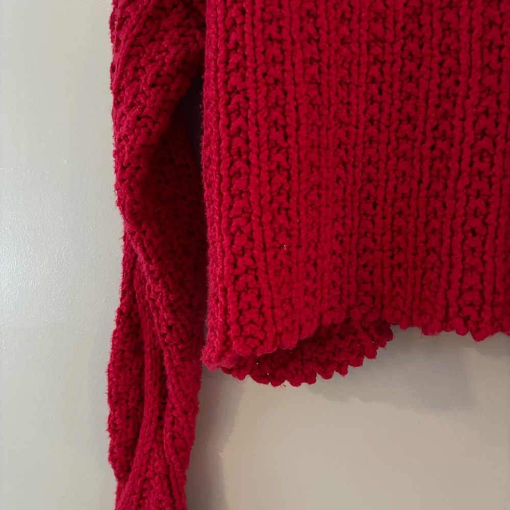 Free People Red Chunky Cable Knit Cropped Sweater Crew Neck XS Long Sleeve - Picture 7 of 7